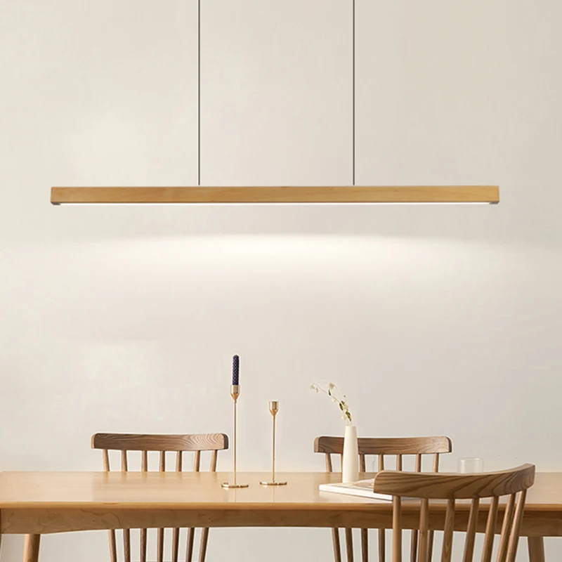Simple Led Restaurant Pendant Lights Retro Walnut Color One-word Long Strip Chandelier Modern Home Interior Decor Lighting Lamps
