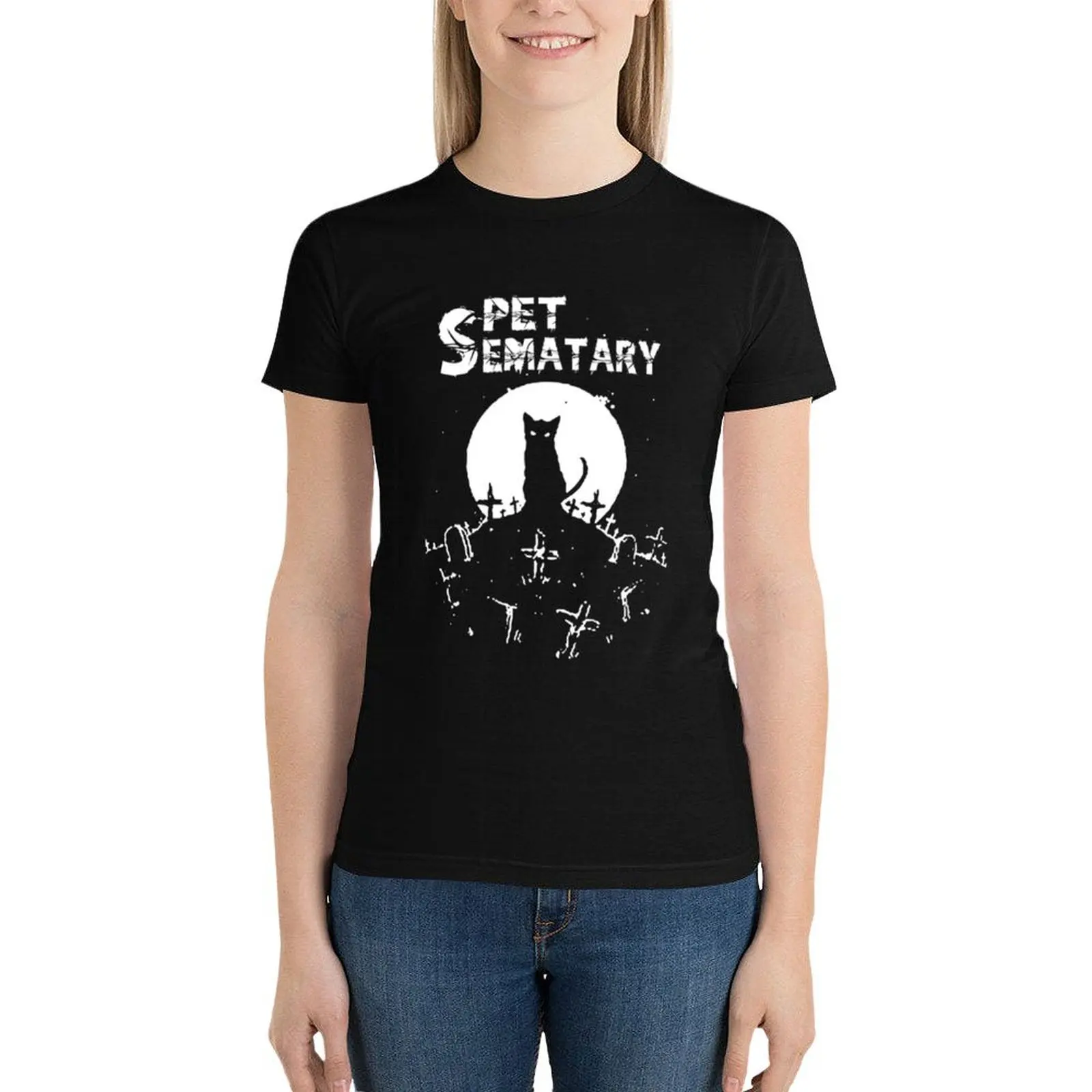 Black and White Pet Design Art Sematary Love Meows Halloween . T-Shirt shirts graphic tees plus sizes Women's t-shirt