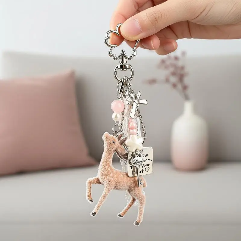 Cute Flocked Deer Keychain Creative Pearl Beads Inspirational Tag Pendant for Backpack Car Key Party Favor Gift