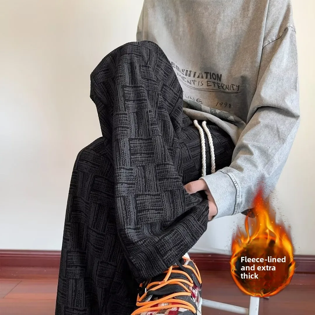 

Tie-Dye Plaid Corduroy Straight Leg Pants Men's Fce Lined Thiened Loose Sweatpants Autumn Winter Trendy Hong Kong Sle ...