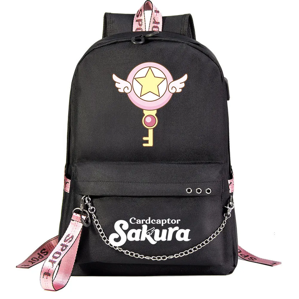 Anime sakura menina cartão captor usb mochila escola livro sacos fãs sacos de viagem portátil corrente fone de ouvido