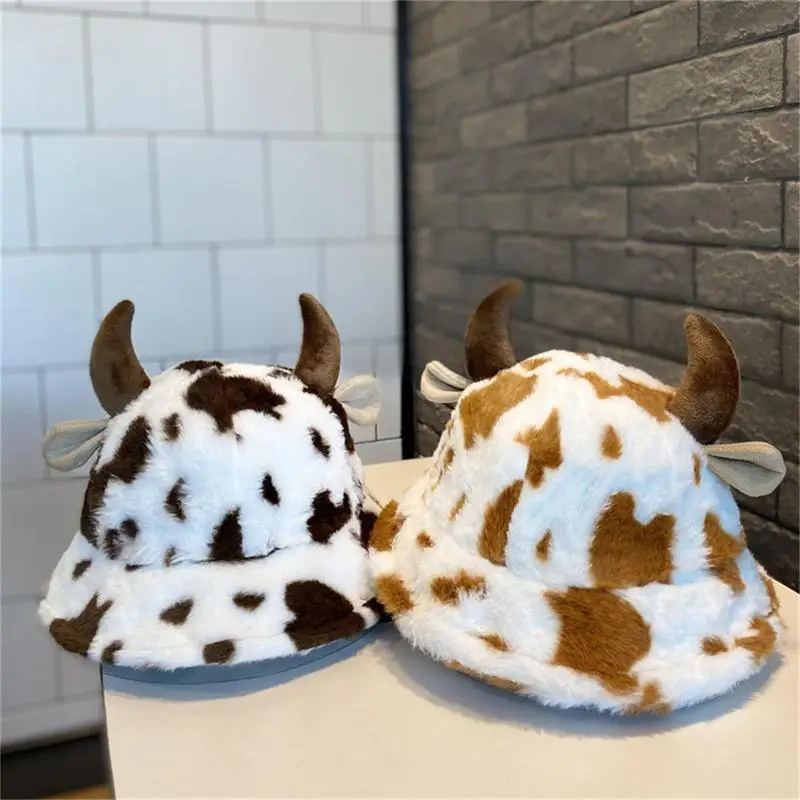 Cow Bucket Hat Soft Plush Cow Print Bucket Hat with Cute Horn Winter Fluffy Plush Fisherman Cap Warm Outdoor for Men Women