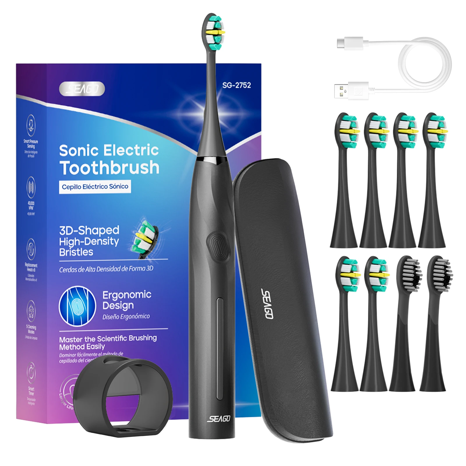 SEAGO Electric Toothbrush with 8 Soft Bristle Heads for Adults, Pressure Sensor, 5 Modes with 2 Minutes Build in Smart Timer