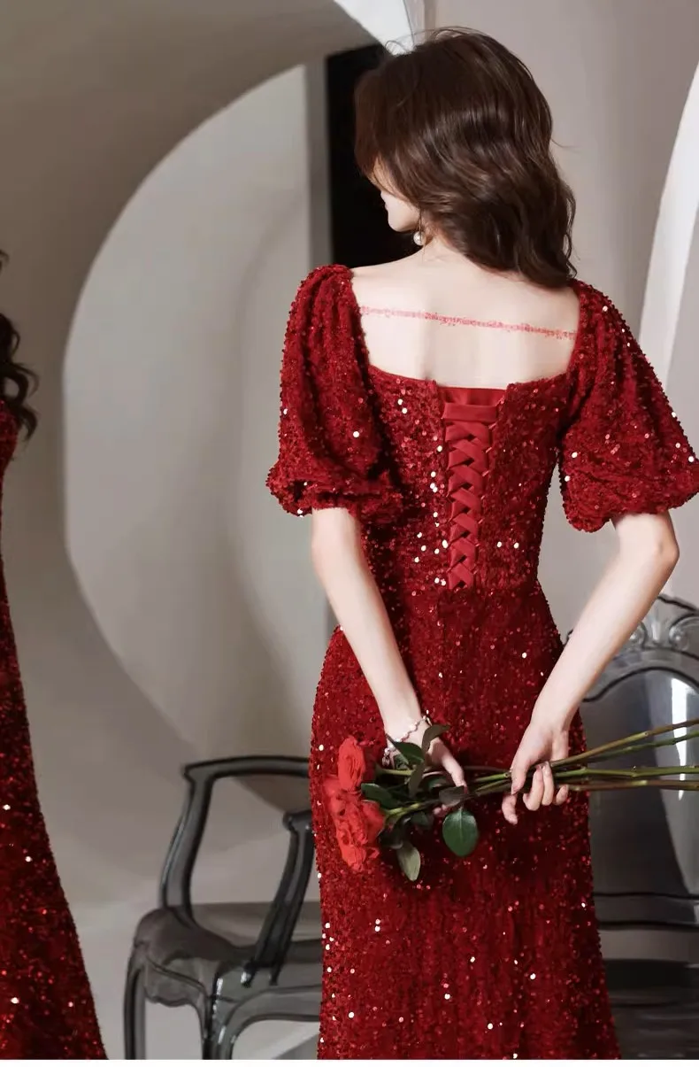 ASL-85#Evening Dress for Women 2024 New Style Banquet High end French Wine Red Glitter Annual Meeting Host Dress Cheap Wholesale