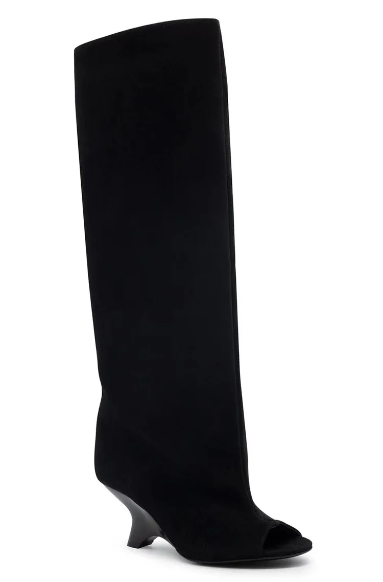 2026 Four Seasons Women's Suede Peep Toe Wedge Thick Heel Knee High Boots Fashion Slouchy Tall Boots Party Club Wedding Shoes image 2