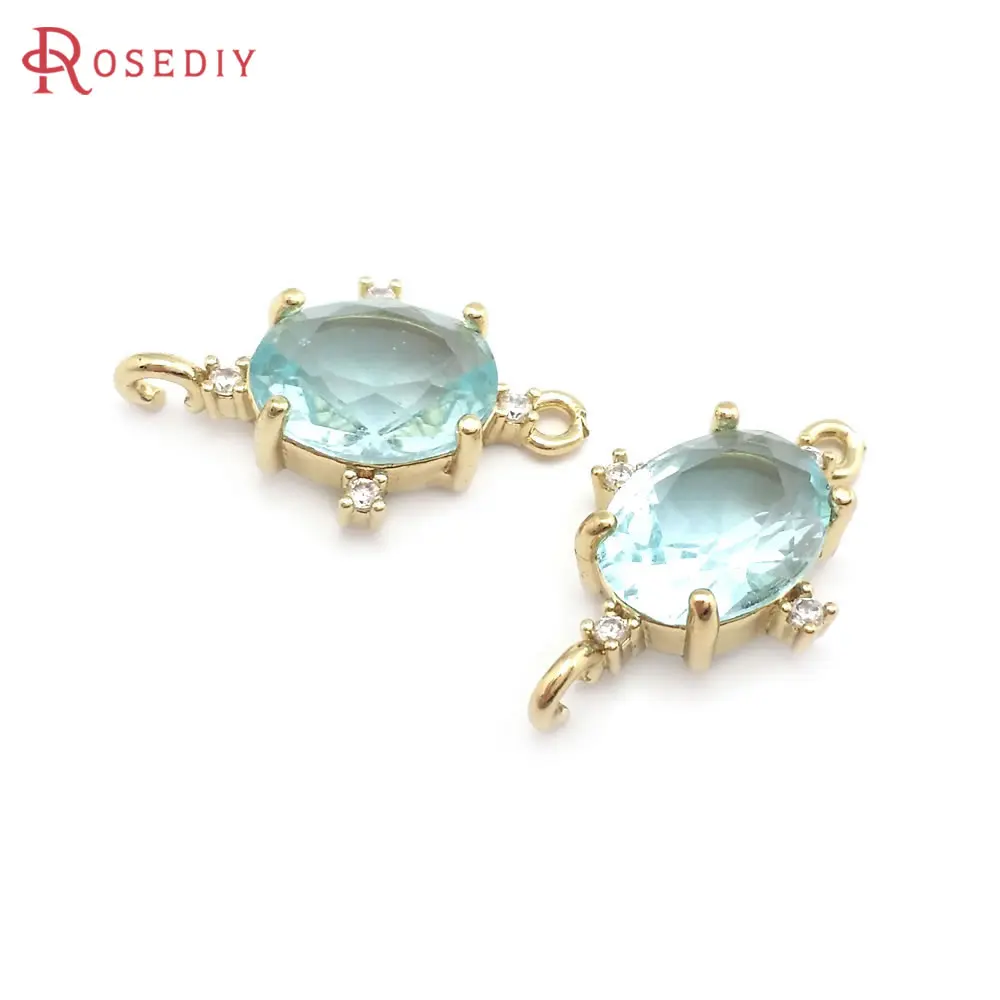 18K Gold Color Brass and Zircon Glass 2 Holes Oval Shape Connect Charms Pendants High Quality Jewelry Making Materials