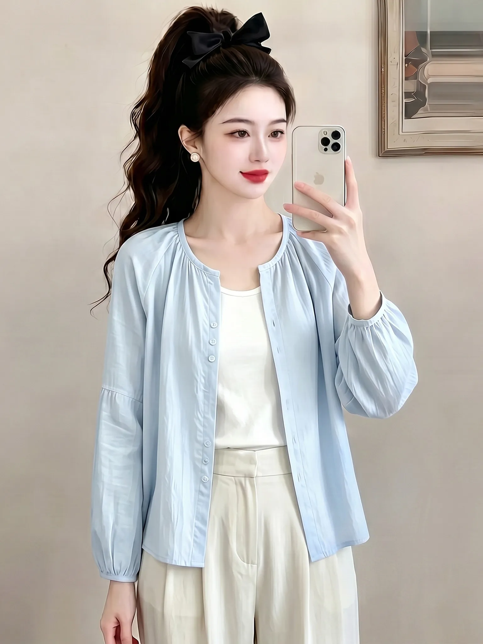 

Slimming Thin Fashionable Korean Style Summer 2026 Casual Shirt Beautiful Open Cardigan Long Sleeve round Neck Lantern Sleeve