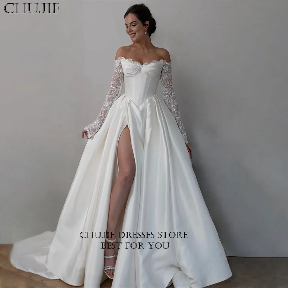 

Lace Long Sleeves Wedding Dress Customized Satin A-Line Elegant Evening Gowns Floor Length Side Slit For Bride свадебно