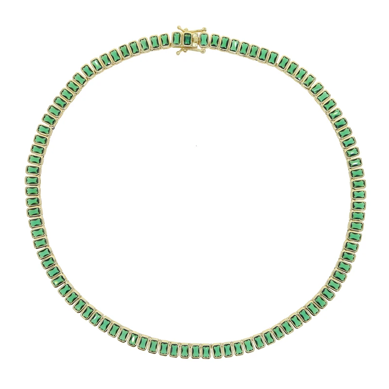 Luxury Emerald Rectangle CZ Tennis Necklaces for Women Paved Green Cubic Zirconia Gold Plated Color Fashion Jewelry for Party