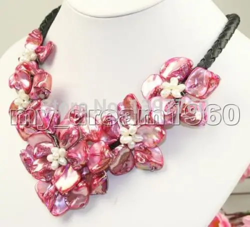 

Miss charm Jew.134 Stunning big handmade baroque shell pearl flower leather necklace