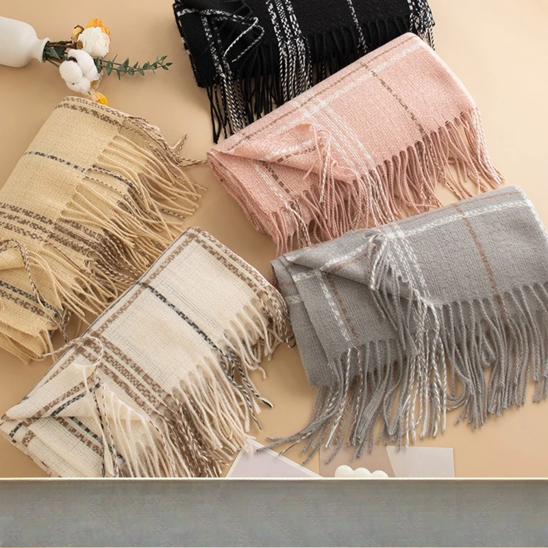 2026 Korean Lady Sweet Plaid Imitation Cashmere Fringed Scarf Girls Senior Sense Winter Versatile Thickened Scarf