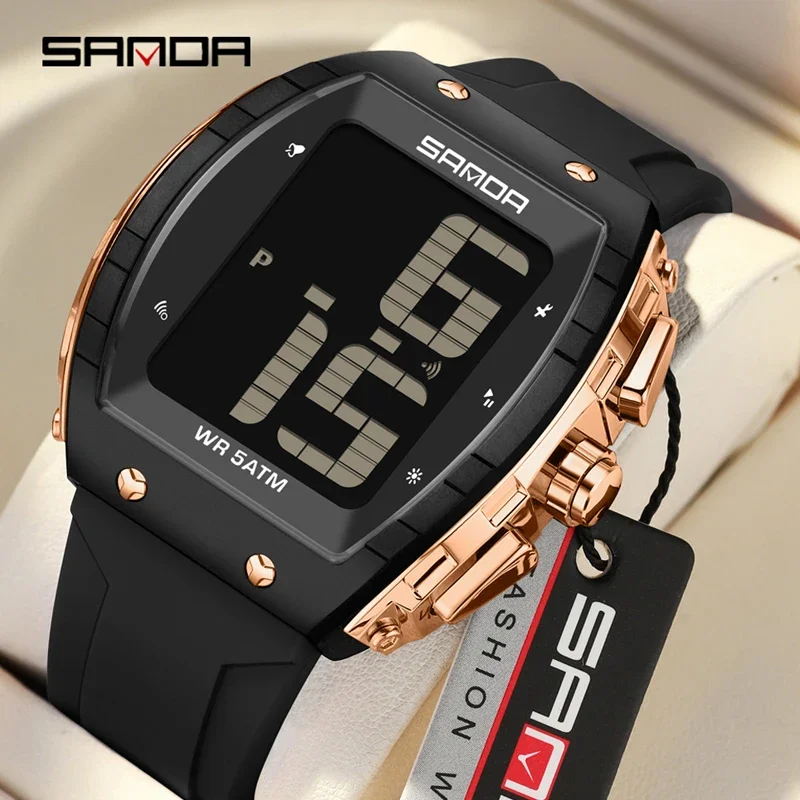 

SANDA Fashion Men Electronic Watch Big Display Dial LED Luminous Alarm Clock Waterproof Watch Man Silicone Strap Digital Watch