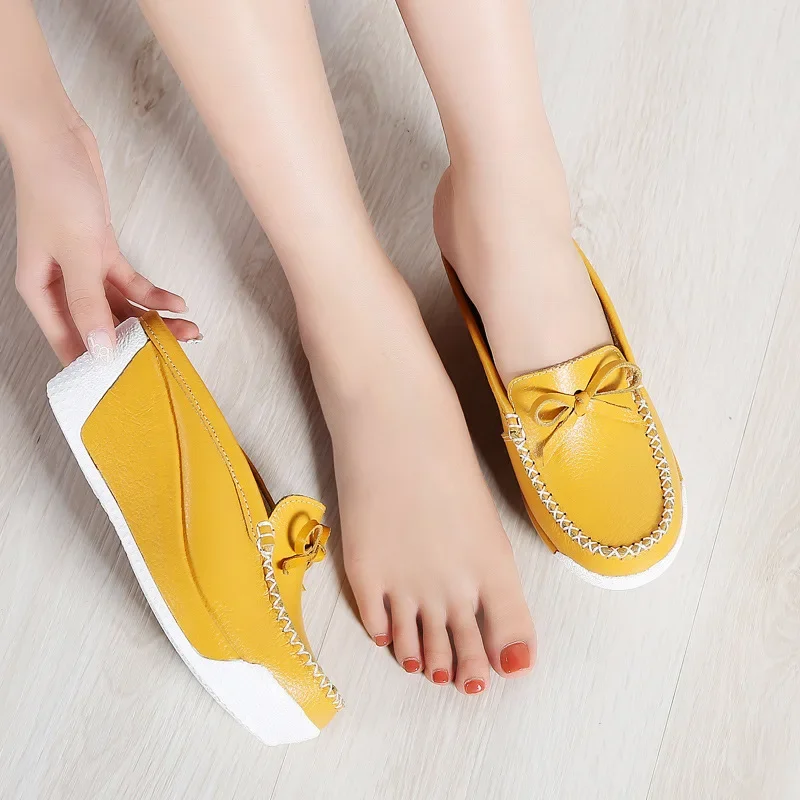 CEYANEAONew Women Platform Slipper Pattern Flats Breathable Leather Casual Shoes Slip-on Comfortable Butterfly-knot Nurses Shoes