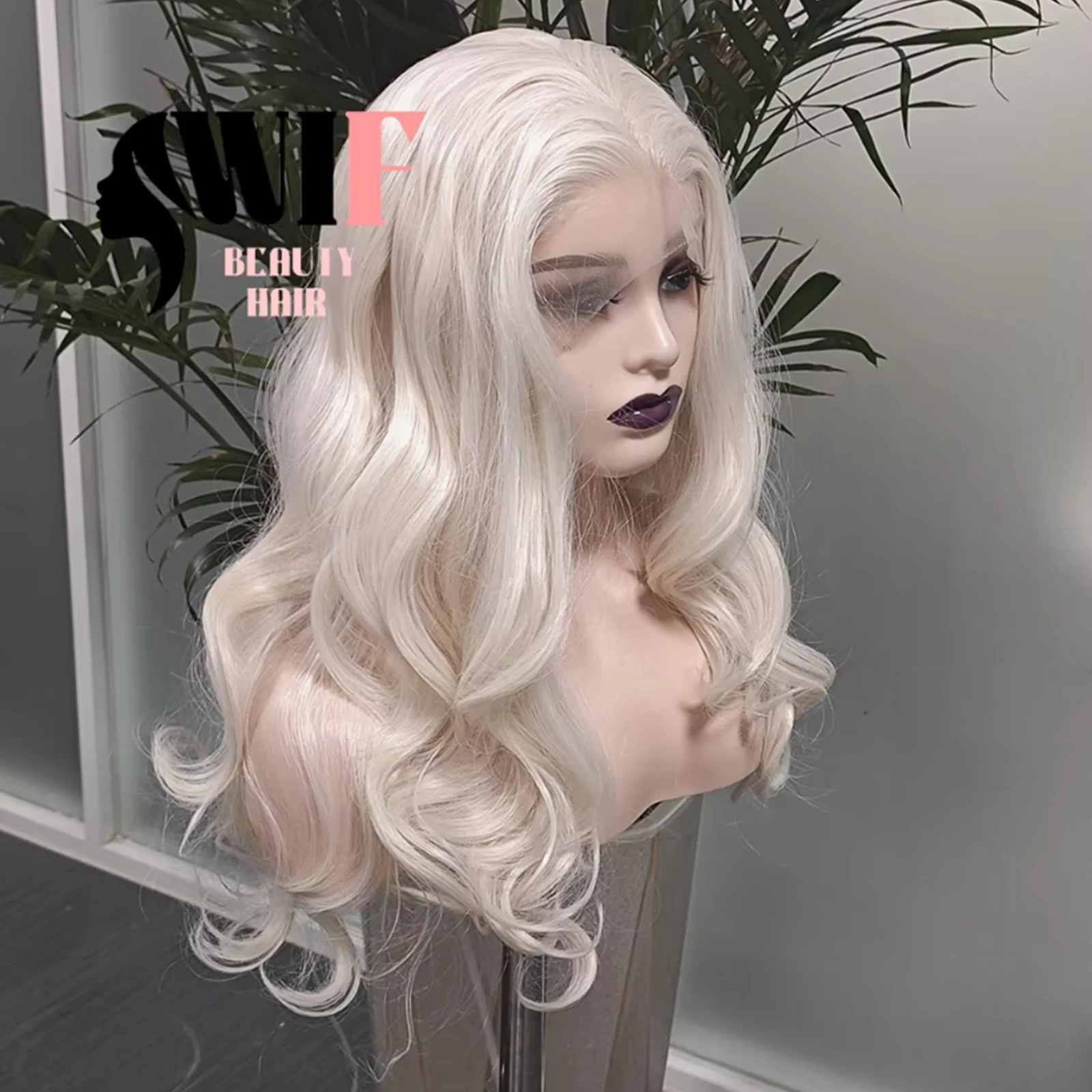 WIF Platinum Hair Synthetic Wig for Women Body Wavy Free Part Heat Resistant Lace Front Wigs Cosplay Makeup Use Blonde Wig