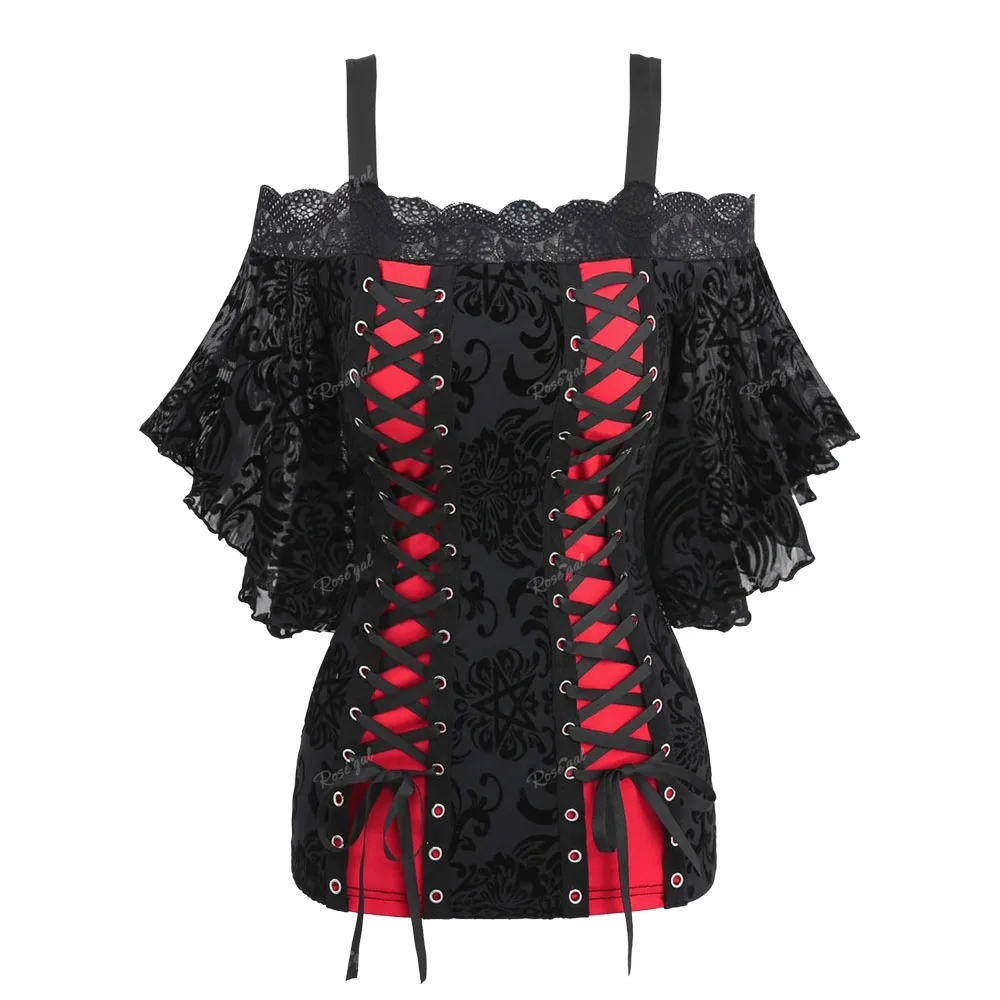 ROSEGAL Plus Size Women's Tops Gothic Floral Pentagram Mesh Flocking Lace Up T-Shirts New Arrived Butterfly Sleeve Tees