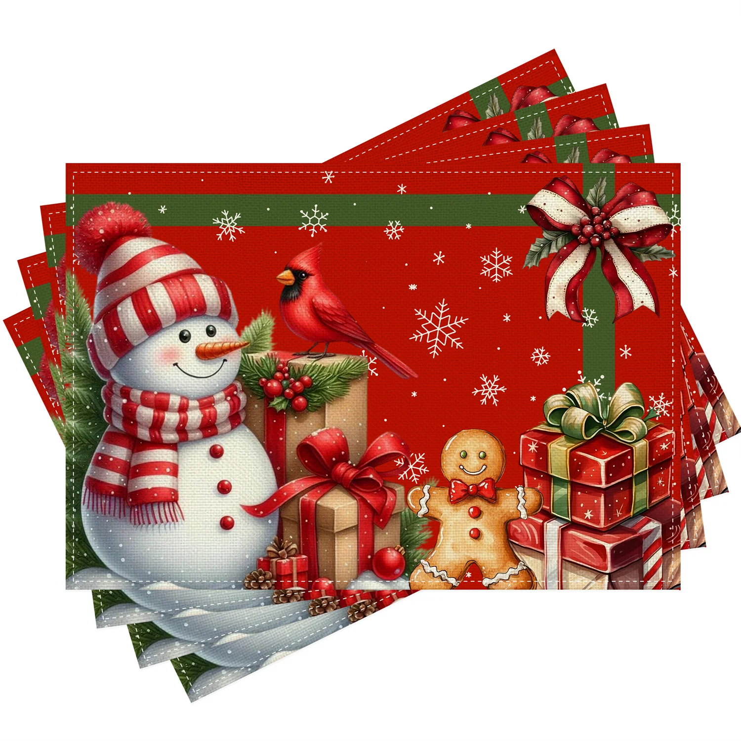 4pcs Holiday Christmas Placemats -Polyester, Polka Dot Snowman and Gingerbread for Man Design with Red Birds and Snowflakes