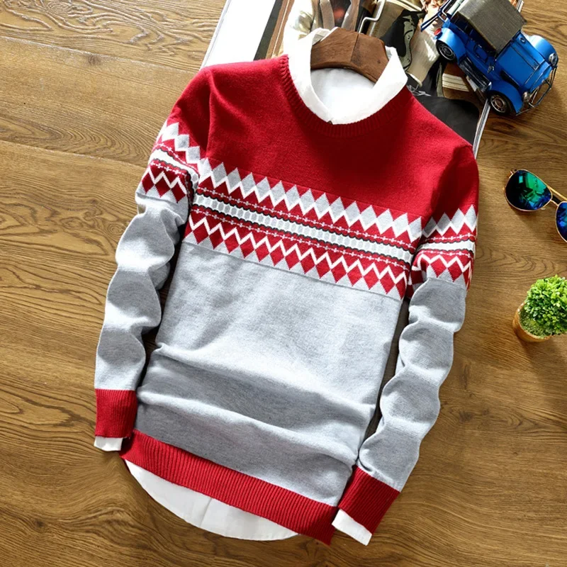 Men Spliced O Neck Jumpers Knitted Sweater Long Sleeve Pullovers Striped Casual Loose Fit Slight Strech Standard Wool Winter