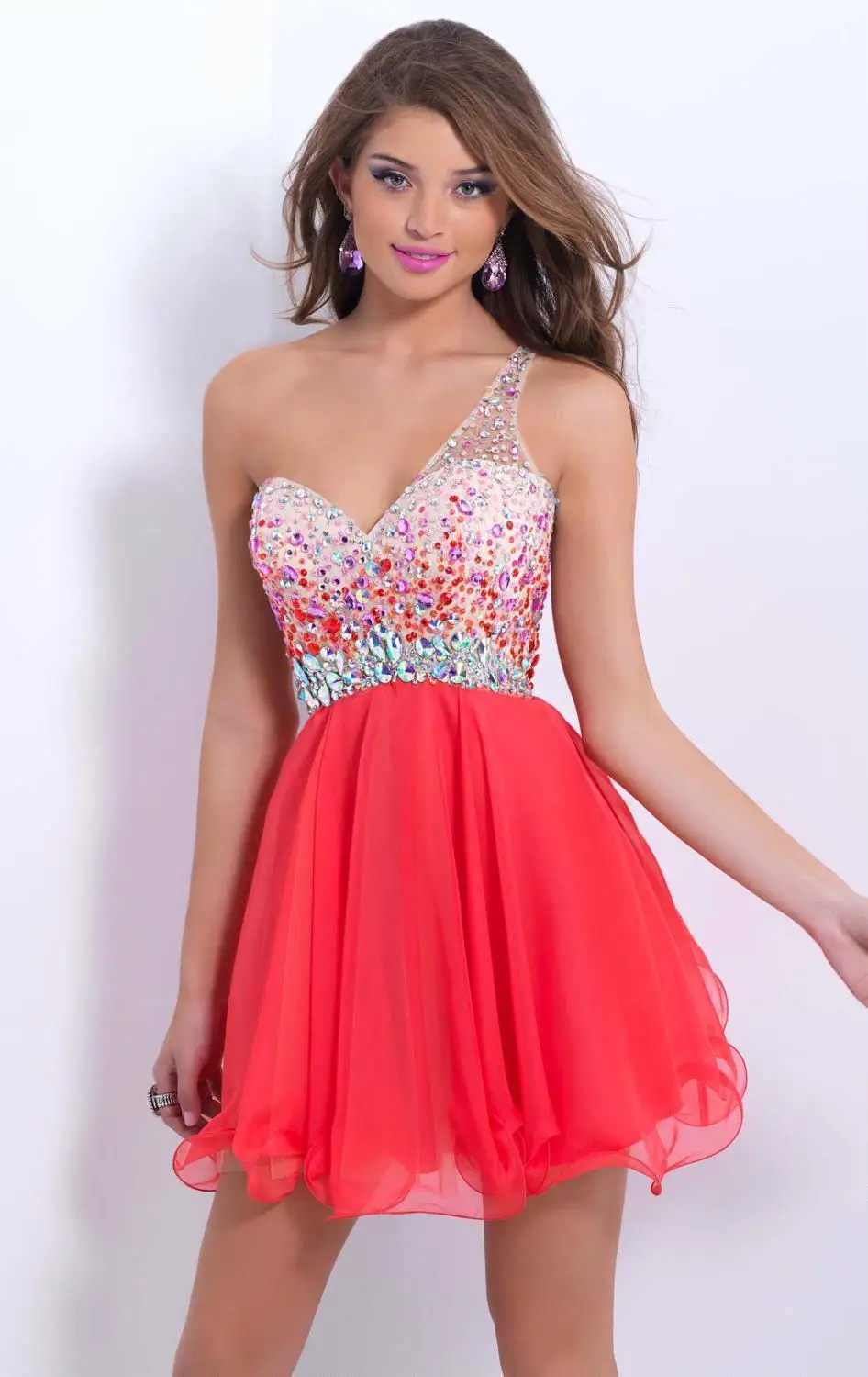 One Shoulder Luxury Beaded Crystal Women Short A Line Evening Dresses Watermelon Formal Party Prom Gowns Vestido De Fiesta