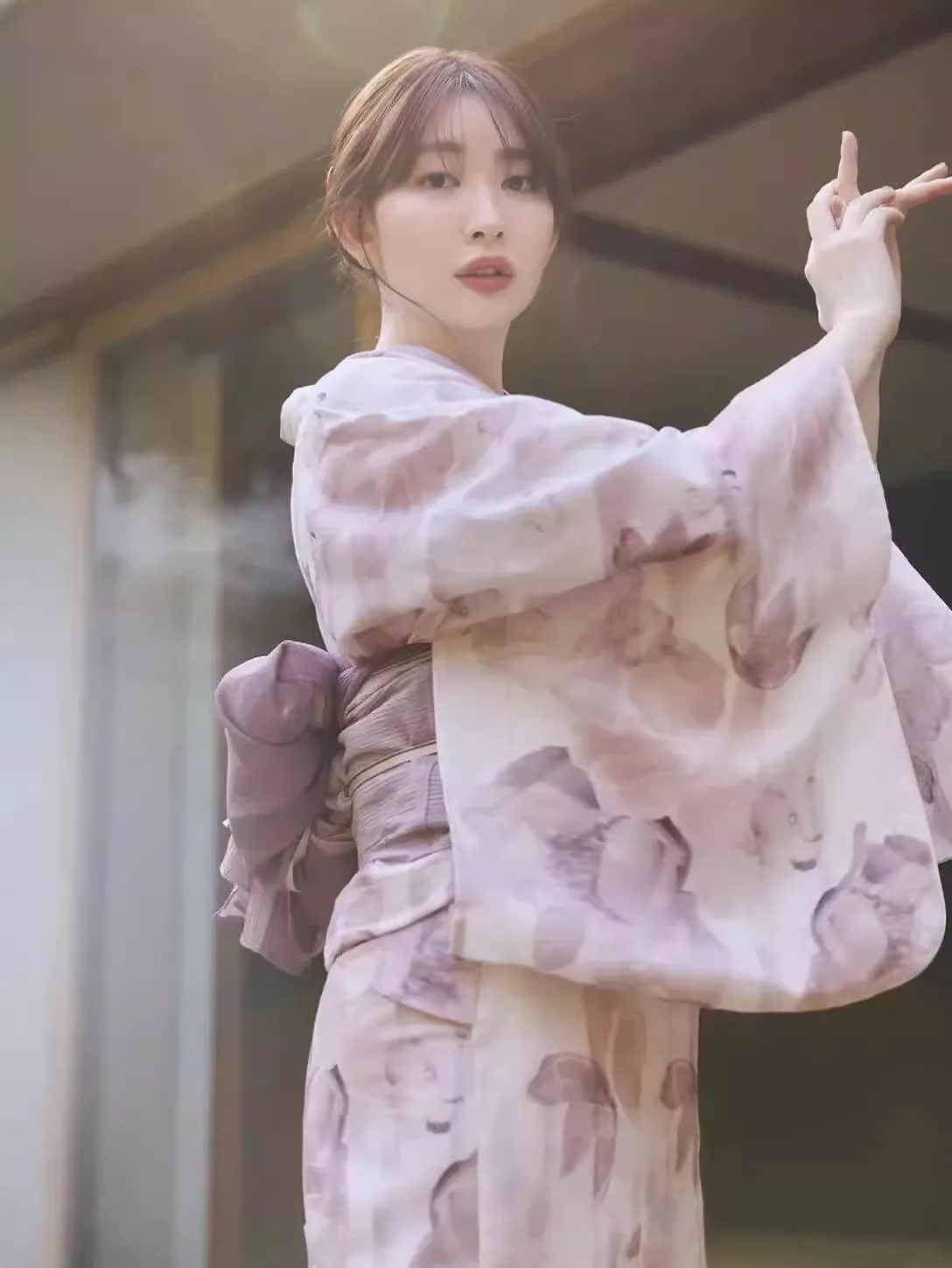 Traditional Japanese Yukata New Spring & Summer Collection, Ink Wash Print Pattern in Soft Pink Kimono-style Robe