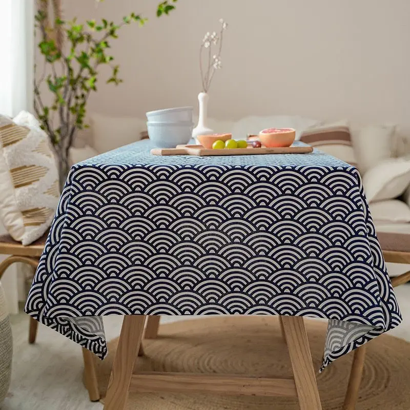 

Modern Elegant Japanese Style Tablecloth Washable Rectangular Blue Sea Ripple Home Coffee Dining Table Fireplace Microwave Cover