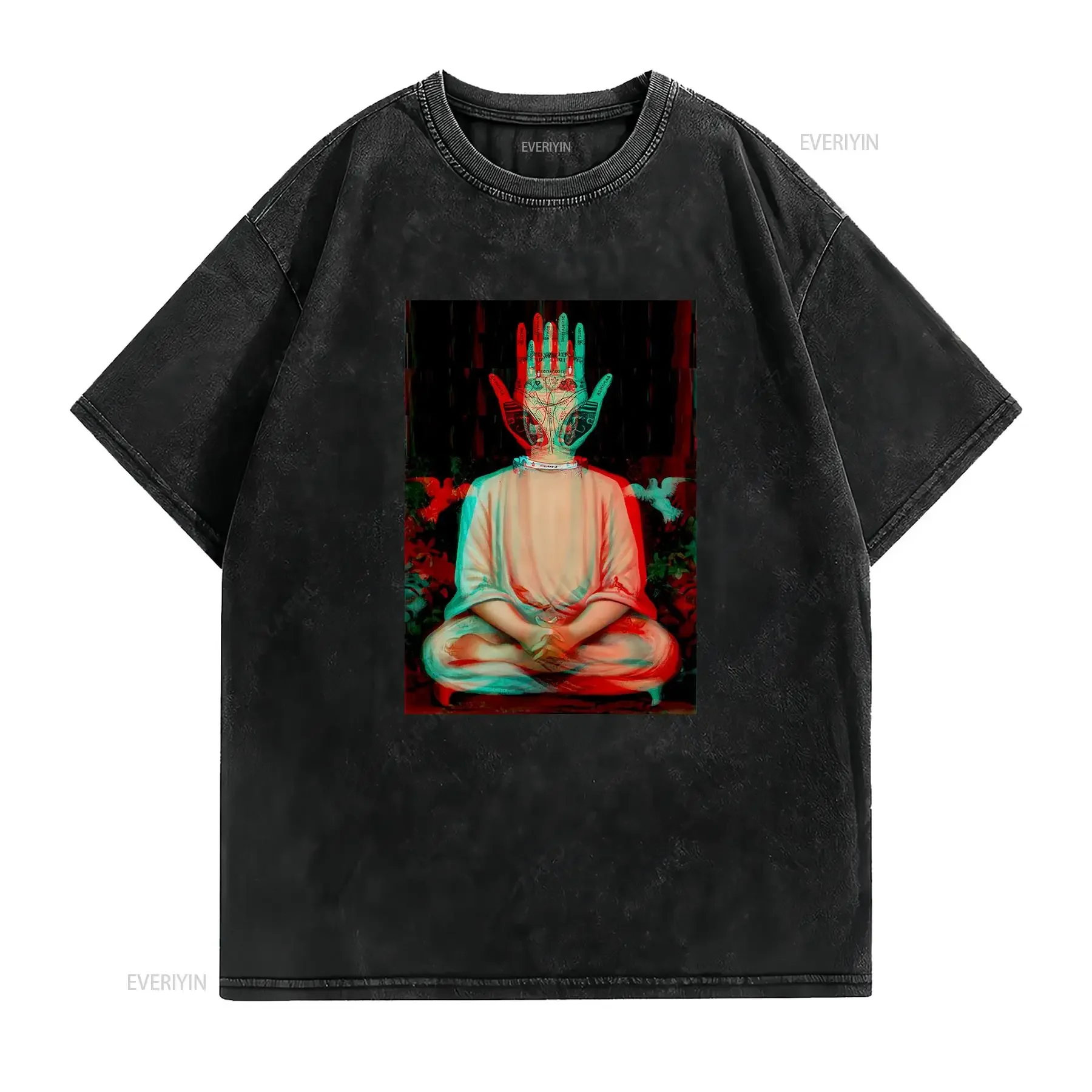 Traditional Buddha Trippy Yoga Hand Vest T Shirt 1610 vintage Washed designer clothes Versatile fashion graphic
