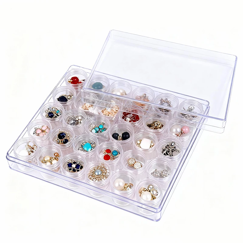 

Transparent Plastic Storage Box Case Lid with 30pcs Small Jars Handmade DIY Stone Beads Earring Pendant Jewelry Organizer