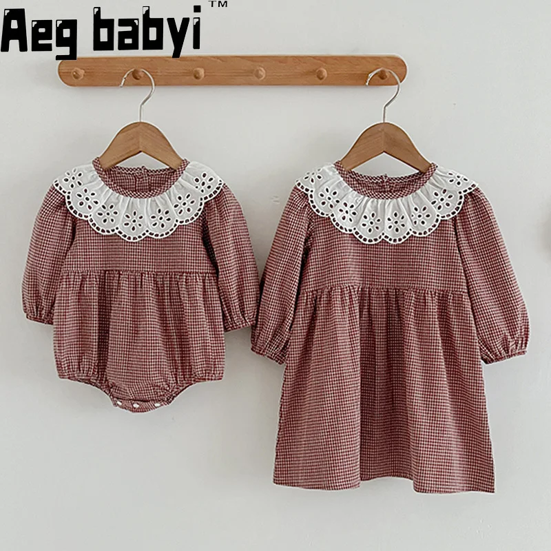 

Korean Baby Girls Rompers Toddler Girl Lace Collar Long Sleeve Dress Sister Matching Clothes Autumn Spring Kids Clothing 0-6Y