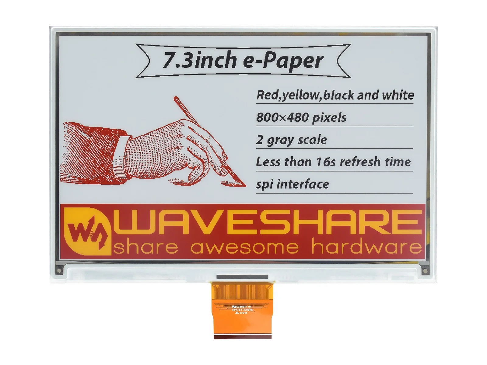 

Waveshare 7.3inch e-Paper (G) Raw Display 800 × 480 SPI Interface Red/Yellow/Black/White Passively Reflective