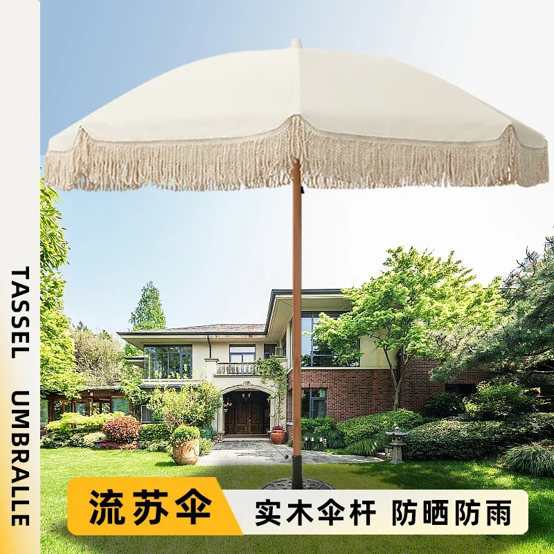 Outdoor Parasol Garden Outdoor Terrace Sun Umbrella Seaside Beach Tassel Umbrella Large Roman Umbrella