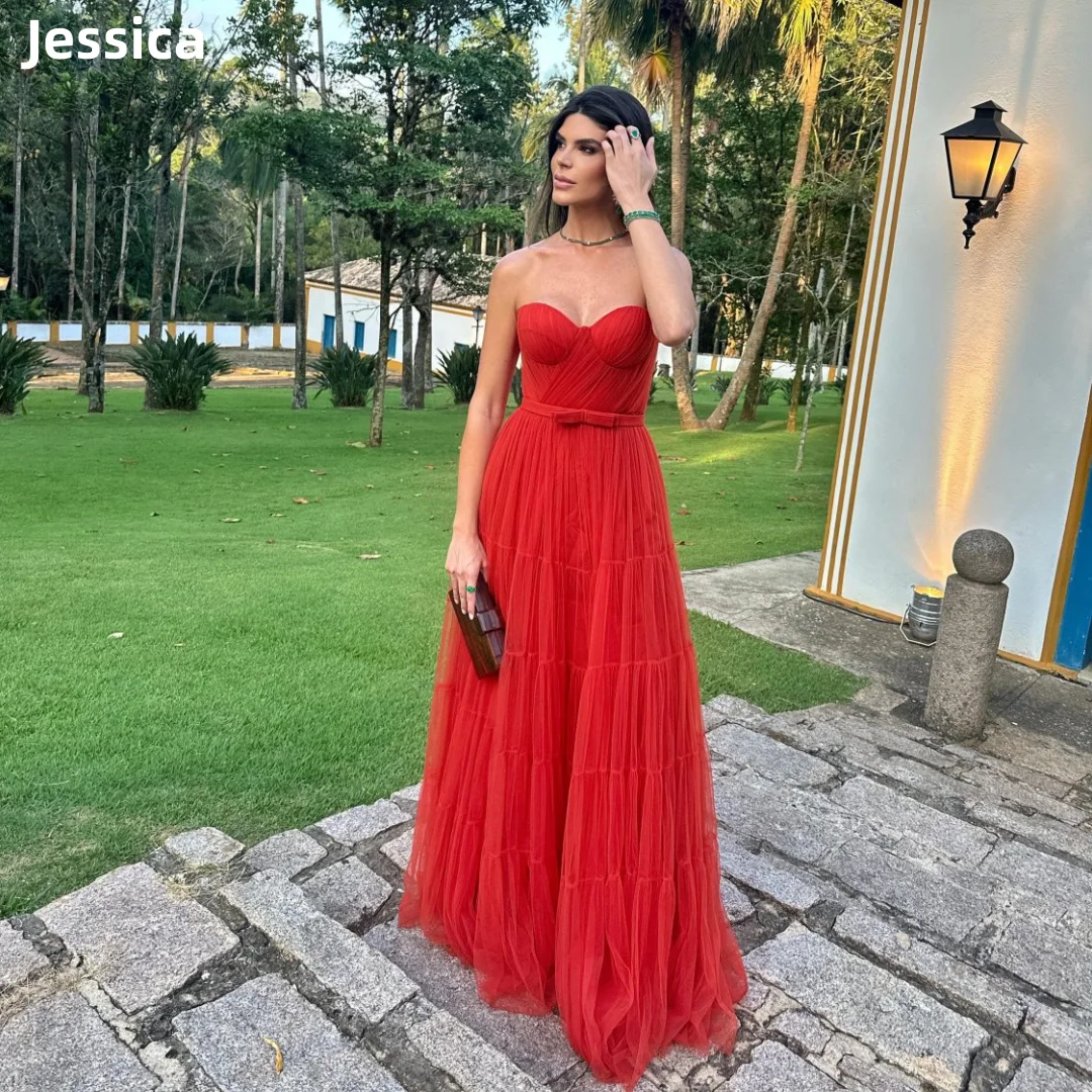 Jessica Sexy Strapless Prom Dresses Bow Tulle Evening Dresses A-line Wedding For Ladies Party Dress Special Occasion Dresses