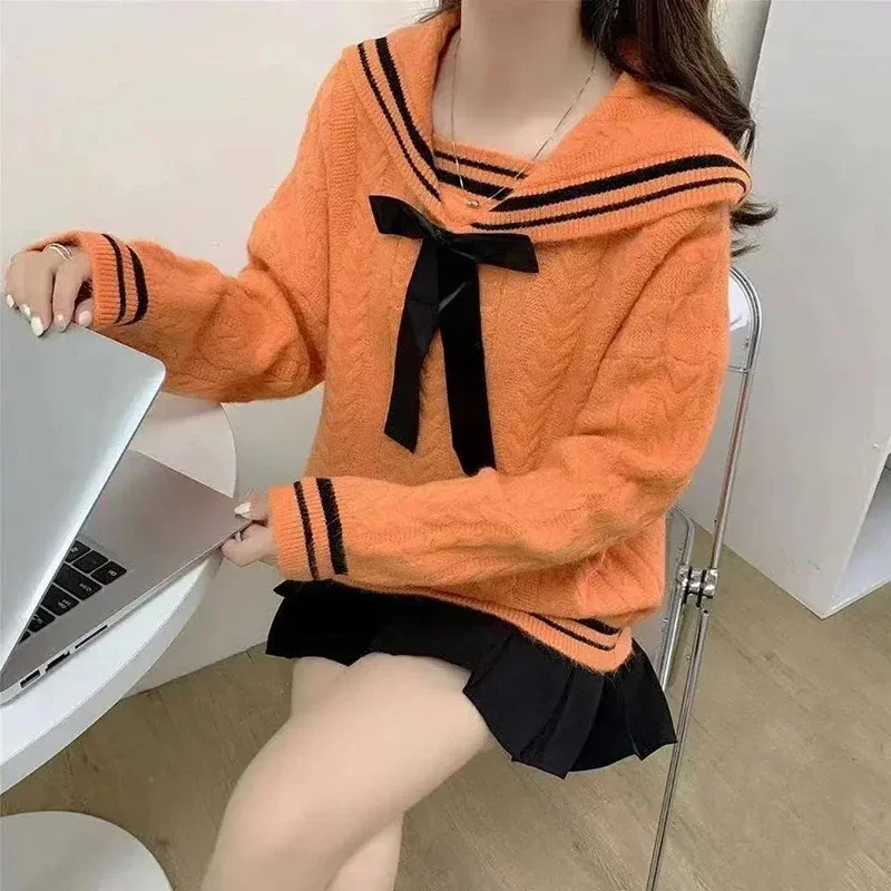 TPJB Korea Style Sailor Collar Pullover Sweaters Women Simple Twist Hit Color Women Jumpers New Loose Knitted Sweater