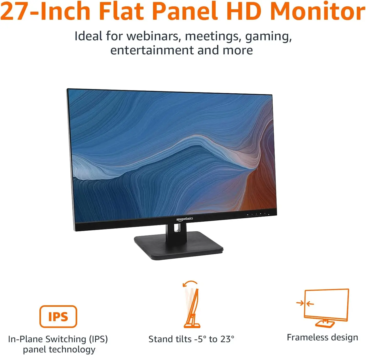 27 인치 IPS 모니터, AOC 기술, FHD 1080P HDMI, 디스플레이 포트, VGA 입력, VESA 호환, 75 Hz 전원