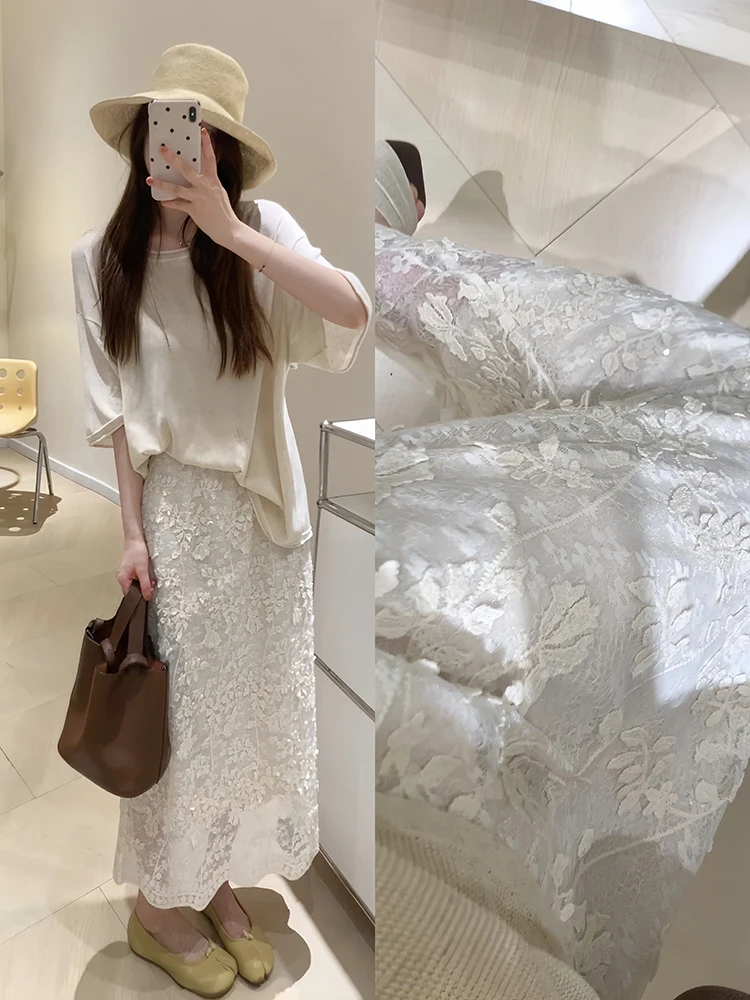 

Изысканная юбка с 3D-кружевом и пайетками, с завышенной талией, прямого кроя, женская летняя мода, производство Китай