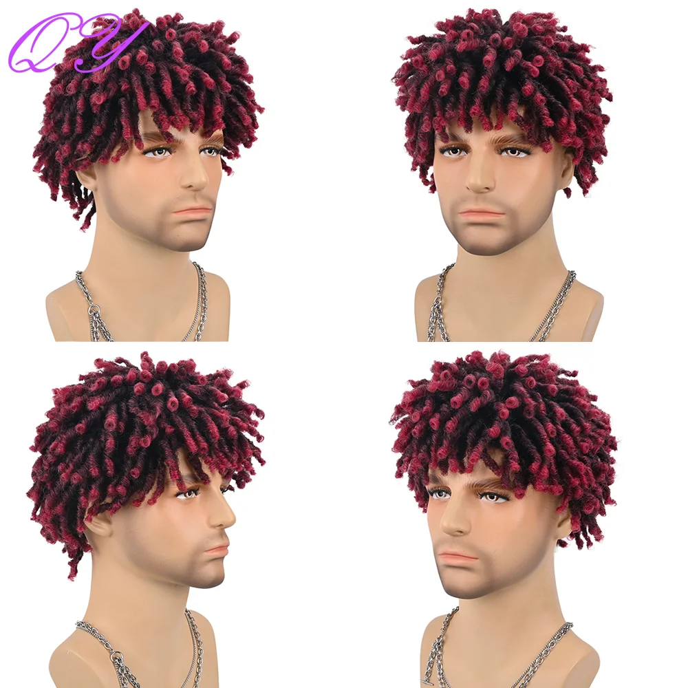 Peluca de rastas cortas sintéticas, trenzas curvadas y sucias de color rojo y marrón, pelucas torcidas para hombres africanos, cabello hermoso de alta calidad para uso diario