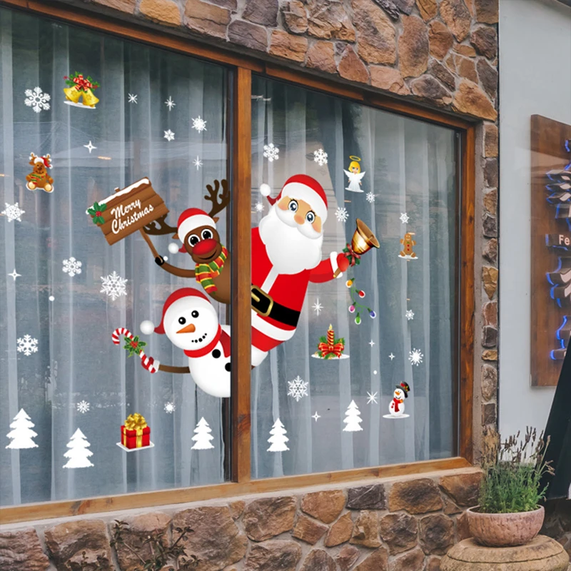 Christmas Window Stickers Merry Christmas Decorations for Home 2024 Christmas Ornaments Decoration Kids Room Happy New Year 2025