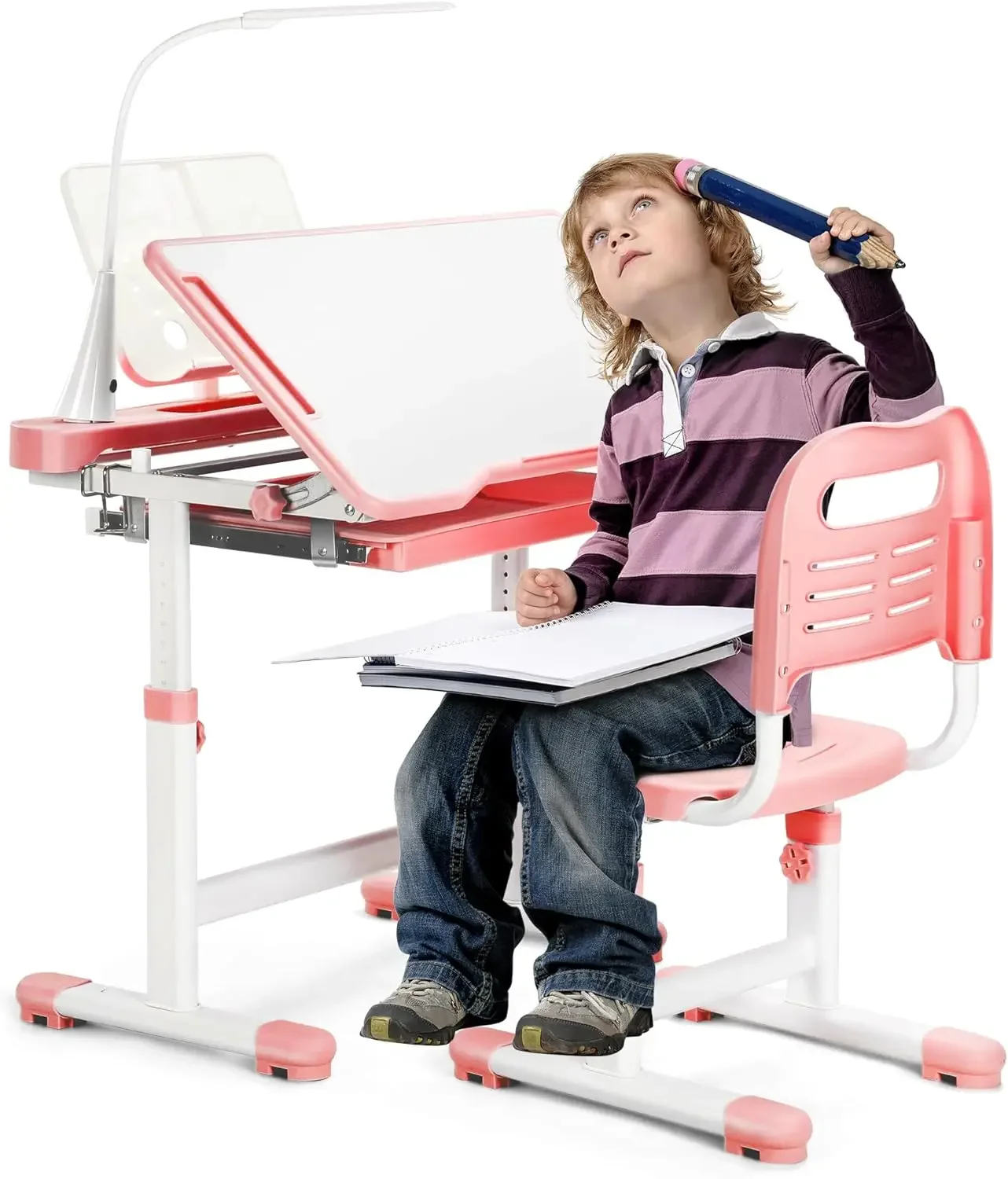 Kids Desk and Chair Set Height Adjustable School Study Desk and Chair with 55° Tiltable Desktop, 3 Modes&3 Brightness LED Lamps,