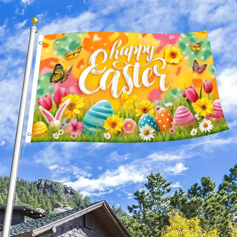 Happy Easter Spring Yellow Background Easter Eggs Bunnies Butterflies printing Design single-sided hanging two hole ring outdoor