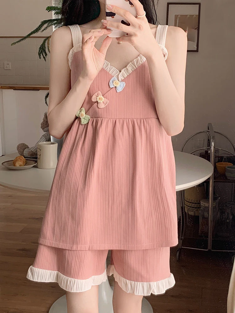 Pigiama con imbottiture sul petto Set di canottiere sottili estive Sweet Princess Cute tinta unita Teenage Summer Loungewear