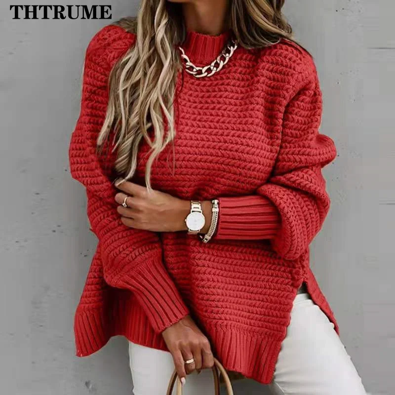 Women Knit Thick Pullovers Fashion Solid Color Autumn Winter Half High Collar Warm Sweater Casual Communte Long Sleeve Jumpers