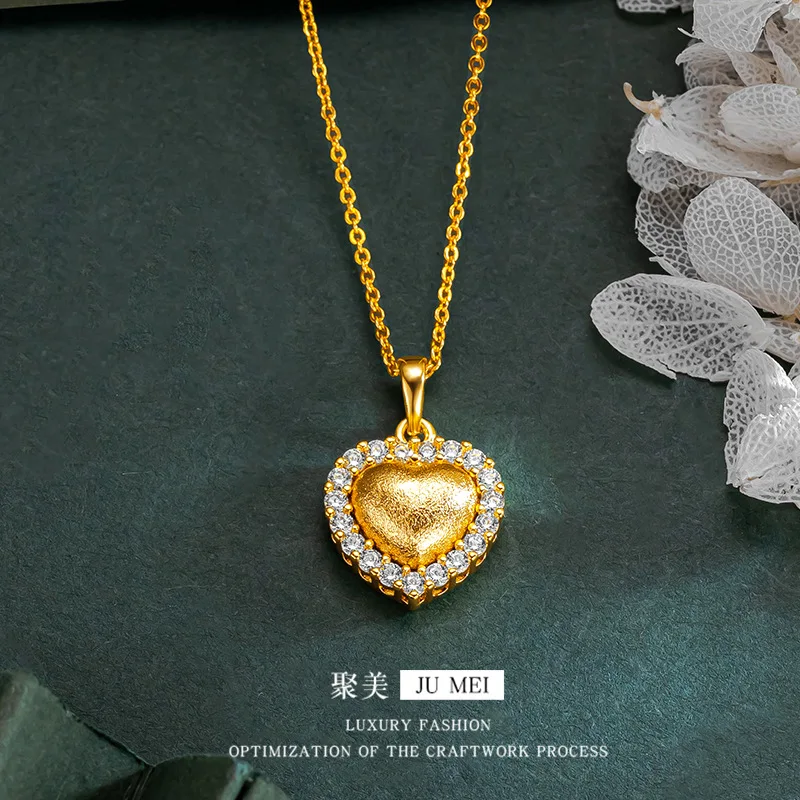 

Women's Diamond-Inlaid Heart Pendant, 24K Gold, AU999 | 3D embossed heart with full diamonds, "Love" engraving for sweet romance