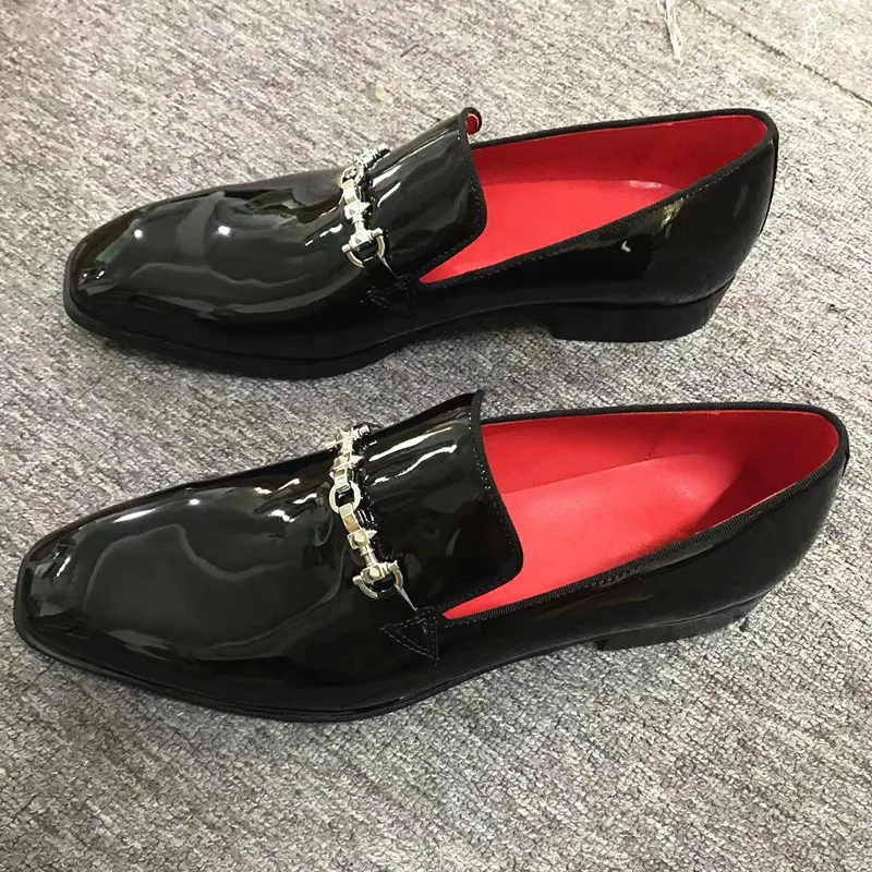 SHOOEGLE Men Chain Patent Leather Shoes Square Toe Loafers Business Party Dress Man Casual Shoes Spring Formal Wedding Shoes