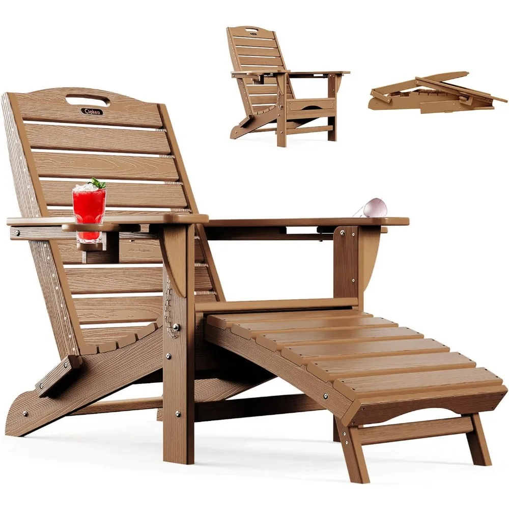 Folding Adirondack Chair with Retractable Ottoman Fire Pit Patio Chair with Pull Out Foot Rest Weather Resistant Lawn Out