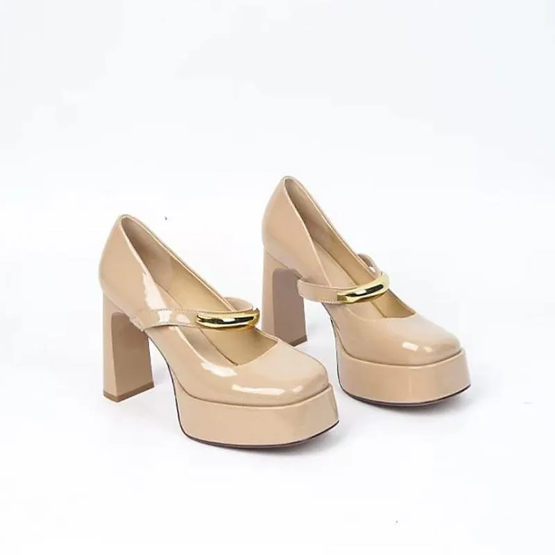 

Туфли на высоком каблуке, осенние новые туфли на платформе с квадратным носком и неглубоким носком, металлическая пряжка, одно скользящий ремешок, туфли на высоком блочном каблуке