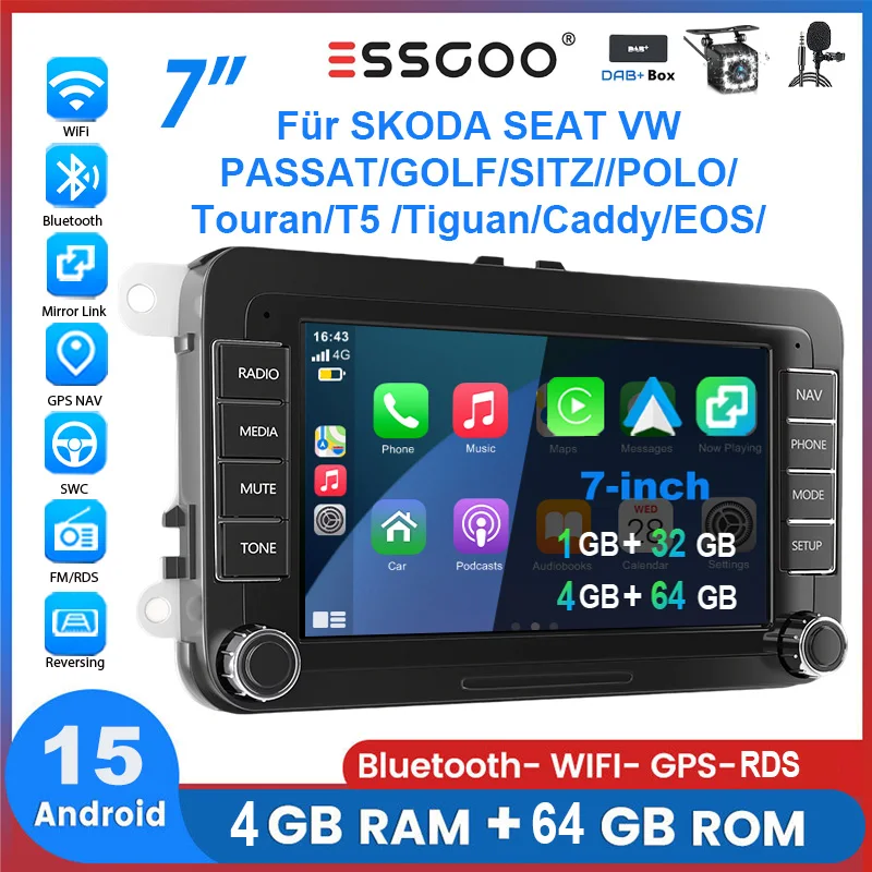 Autoradio ESSGOO Android 15 7 Zoll für VW Golf 5 6 Passat Polo 6R Touran Tiguan Caddy EOS Jetta Seat Skoda mit Wireless Carplay Android Auto GPS Navigation RDS FM Bluetooth WIFI Lenkradsteuerung