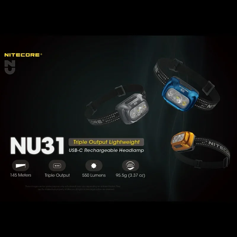 NITECORE NU31 트리플 출력 경량 헤드램프, 550 루멘 USB-C 충전식 헤드라이트, 내장 배터리