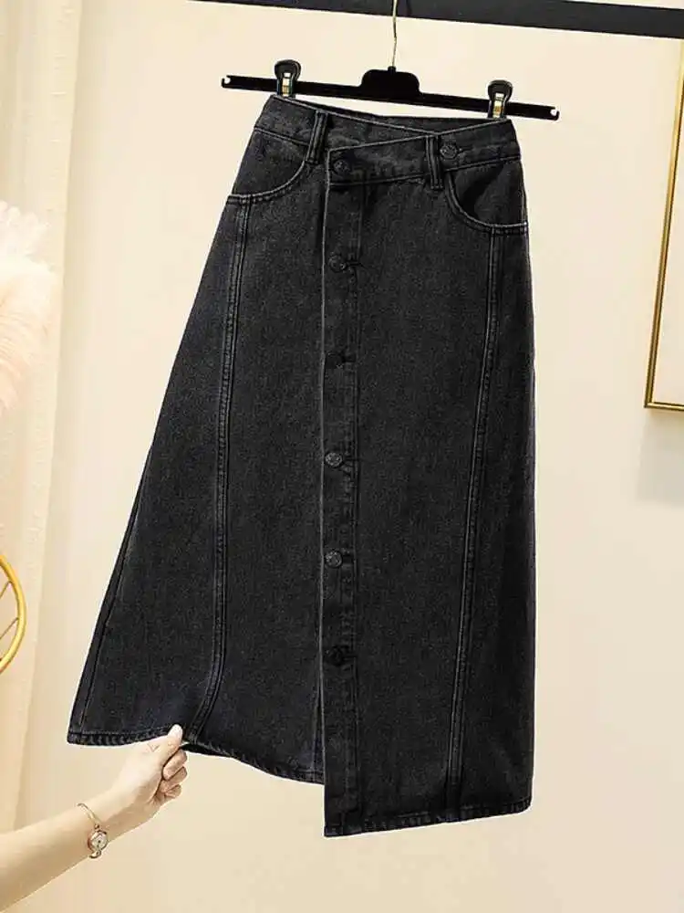 Women's Black Denim Skirts Oversized High Waist Irregularity Single Breasted Skirt Elegant Female Mid Length A-line Jean Skirts