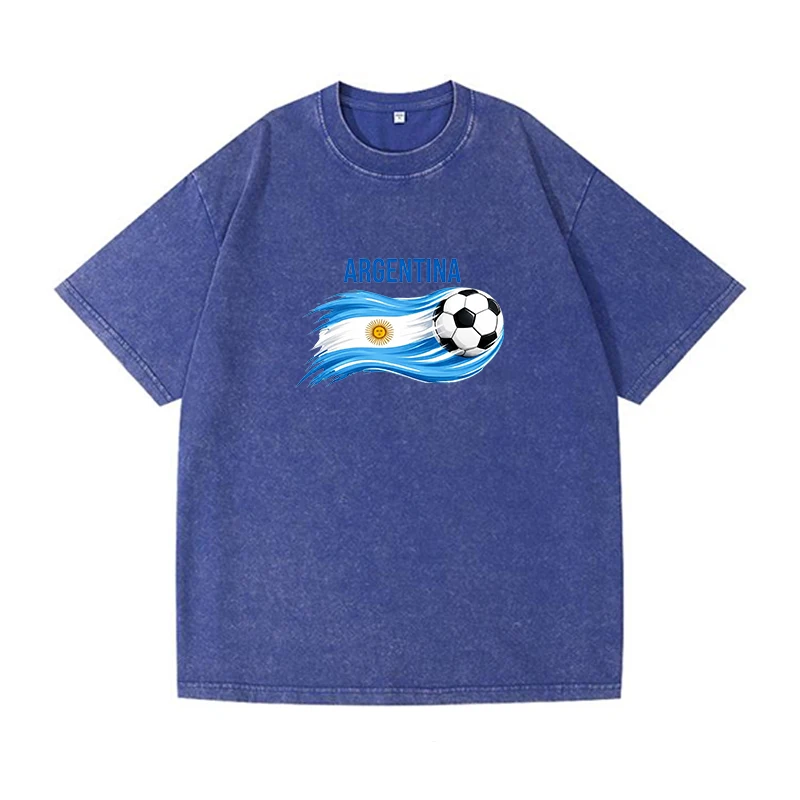 Patriotic Argentina Flag Soccer Fan Tee Argentina Soccer Printed Tshirt Soccer Part Supplies Clothing Men Women Washed Tops