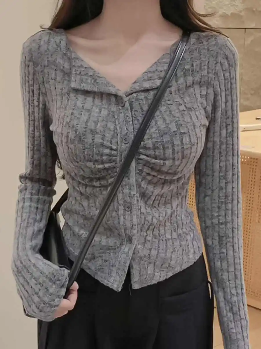 Solid Color Stripe Cardigan Sweater V-neck Single Breasted Pleated Tight Knit Top 2024 New Sexy Fashionable Autumn Bottom Shirt