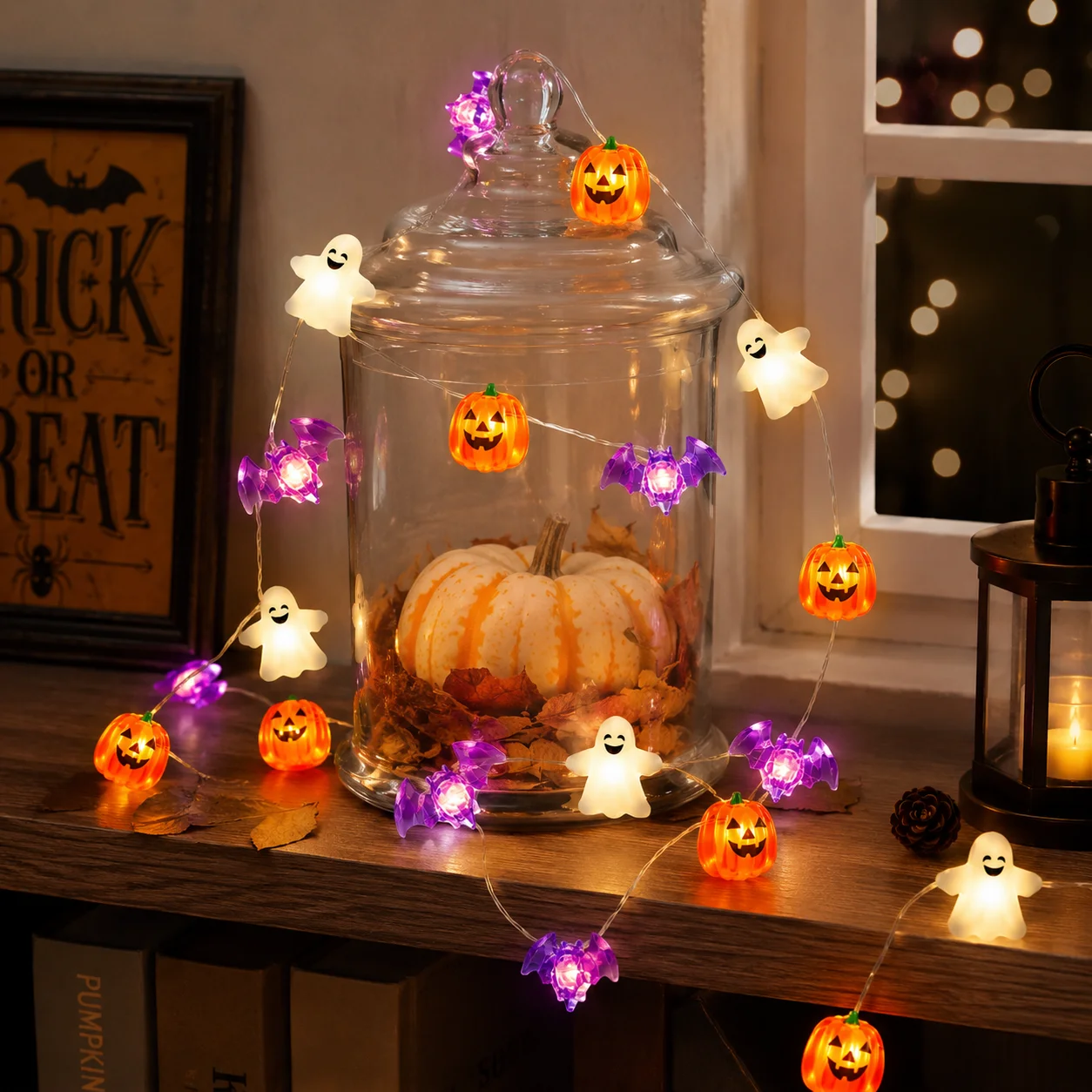 1 Stück 20/30 LED Halloween Kürbis Geist Fledermaus Lichterkette Batteriebetrieben Gruselige Feenlichter für Heimdekoration, Indoor-Party, Festivaldekoration – Detail 1