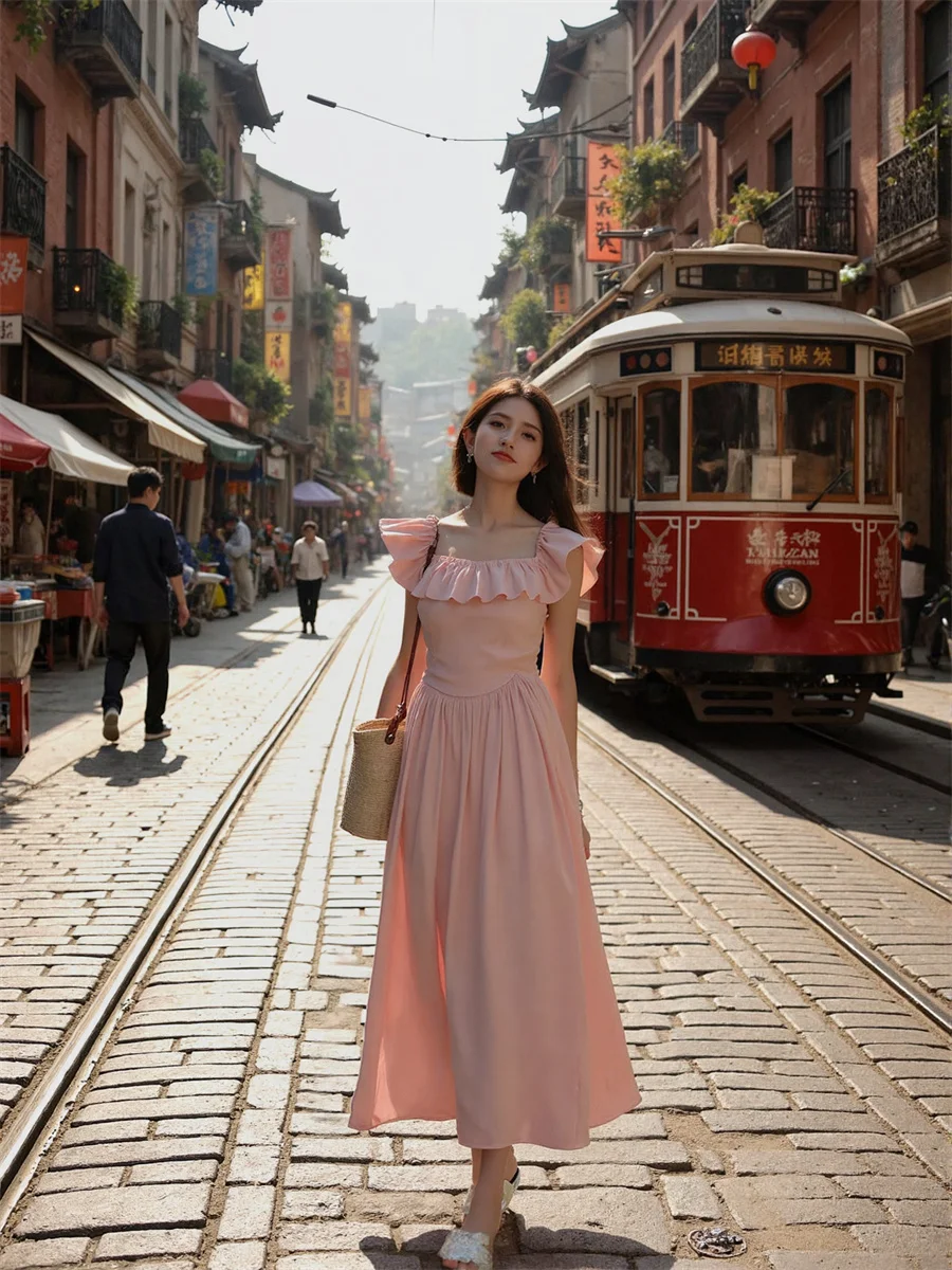 Vestido rosa feminino gola quadrada em camadas franzido mini ultra-curto micro curto coxa-alta sexy quente ousado picante feminino